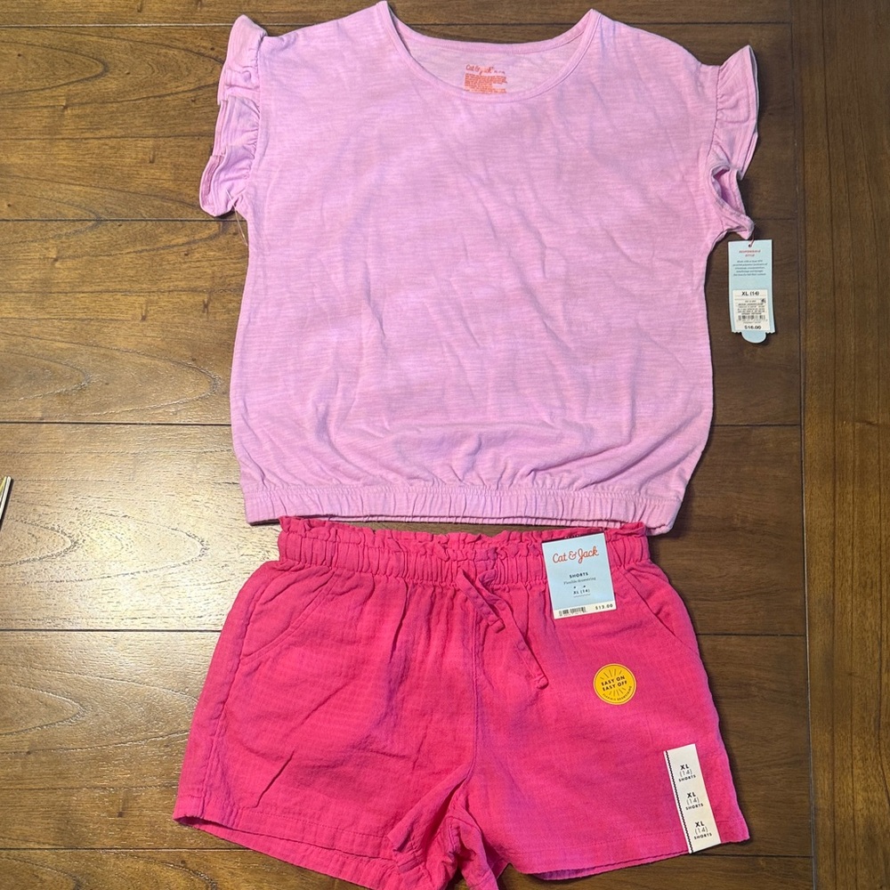 Cat & Jack Light Purple Top and Bright Pink Shorts Set, Size 14